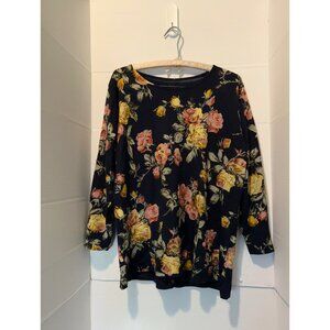 Shanghai KaiKai Company Floral Sweater Navy Rose Print Long Sleeve Boho Pullover